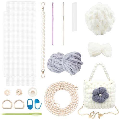 WADORN DIY Häkelhandtaschen-Bastelset, Handgestricktes, Gewebtes Einkaufstaschen-Herstellungsset, Mesh-Kunststoff-Canvas-Blätter, Nadelspitzen-Set, Handgemachte Umhängetasche, Alles Werkzeug, Weiß von WADORN