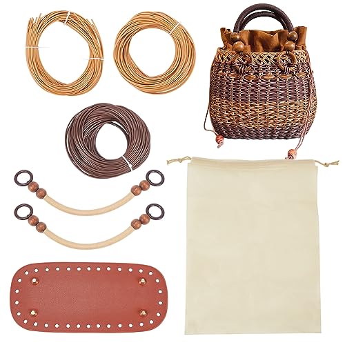 WADORN DIY Rattan-Handtaschen-Bastelset, DIY Frauen Sommer Strand Tasche Machen Kit Handgewebte Stroh Tasche Personalisierte Komplette Kit Runden Griff Häkeln Tasche Machen, Dunkelbraun von WADORN