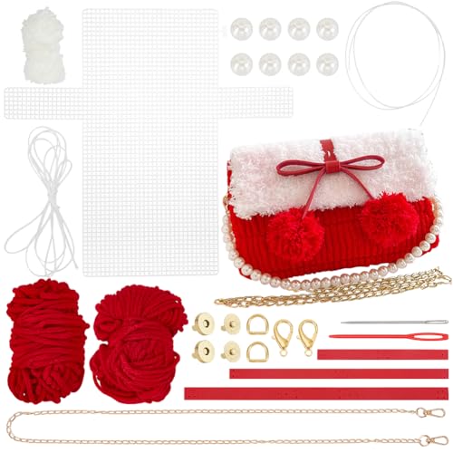 WADORN DIY Strick Häkel Handtaschen Set Set Zum Stricken Und Häkeln von Taschen Aus Kunstperlen Blankes Netzgewebe Aus Kunststoff Bastelset Für Selbstgemachte Häkeltaschen 22x5x13cm Rot von WADORN