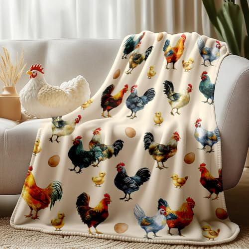 WADORN Decke Mit Hühner Print Lustige Flanell Plüsch Überwurfdecke Mit Hahn Im Bauernhaus Stil Weich Bunt Hühner/Hahn Tierdecke Geschenke Für Bett Stuhl Couch Zuhause Büro Auto von WADORN