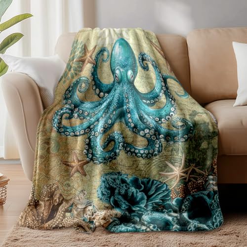 WADORN Decke Mit Oktopus Print Warme Flanell Plüschdecke Mit Oktopus Tiermotiv Weich Farbenfroh Mit Ozean Küste Und Meeresleben Geschenk Für Bett Stuhl Couch Zuhause Büro Auto von WADORN