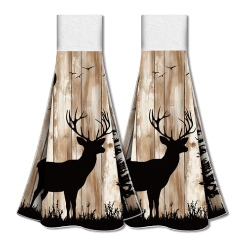 WADORN Forest Deer Küchenhandtuch Zum Aufhängen 2er Set, Handtuch Mit Tiermotiv Im Vintage Stil Mit Schlaufe Und Haken Saugfähig Zum Aufhängen Geschirrtuch Waschlappen Für Küche, 31.5x34.5cm von WADORN