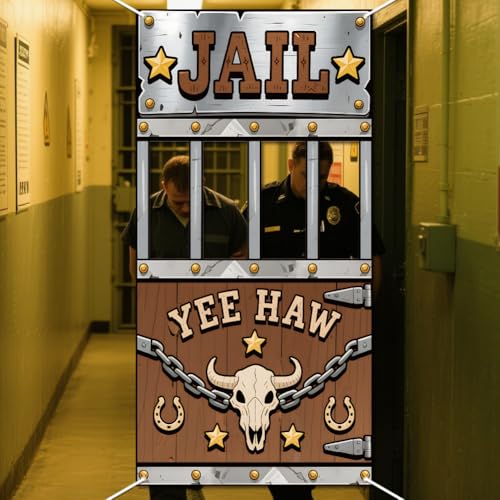 WADORN Fotobanner Zum Thema Westerngefängnis Für Partydekoration, 90x180cm Western Cowboy Gefängnis Foto Tür Hintergrund Requisiten Dekor Große Stoff Fotografie Hintergrund Geburtstag Party von WADORN