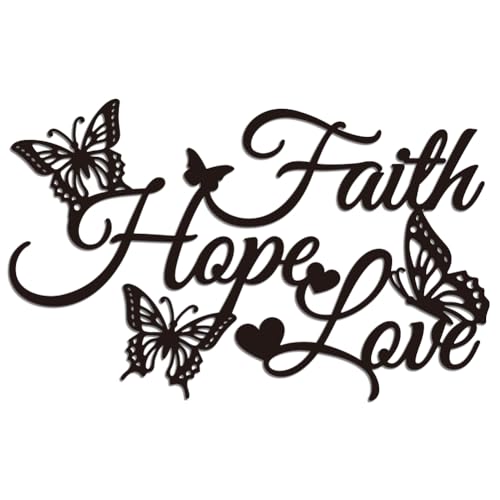 WADORN Glaube Hoffnung Liebe Metall Wanddekoration Wandskulptur Mit Schmetterling Glaube Hoffnung Liebe Schwarze Kunst Dekoration Gesegnete Worte Ornament Hängeschild Für Zuhause Schlafzimmer 38x24cm von WADORN
