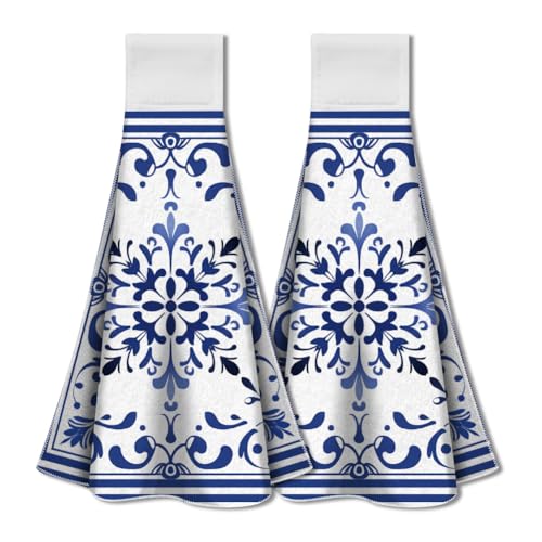 WADORN Hängende Küchenhandtücher Aus Porzellan Vintage 2er Set, Weiche Saugfähige Blau Weiße Handtücher Mit Schlaufe Mikrofaser Boho Blau Dekorative Geschirrtücher Für Küche Restaurant WADORN Hängende Küchenhandtücher Aus Porzellan Vintage 2er Set, Weiche Saugfähige Blau Weiße Handtücher Mit Schlaufe Mikrofaser Boho Blau Dekorative Geschirrtücher Für Küche Restaurant von WADORN