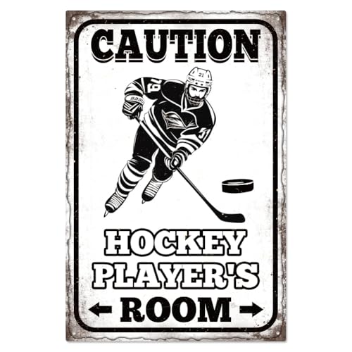 WADORN Hockeyspieler Vintage Metall Blechschild, 20x30cm Hockey Club Lustiges Retro Blechschild 'Vorsicht Hockey Spielerzimmer' Wandkunst Poster Plakette Für Garage Hockey Geschenke Heimdekoration von WADORN