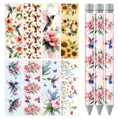 WADORN Kolibri Blumen UV DTF Pen Wraps Transfer Sticker, 48 Blatt Florale wasserdichte HD Druck UV DTF Stift Klebeaufkleber Personalisierte DIY Aufreiben von Transfers Abziehbilder Für DIY Bleistift von WADORN