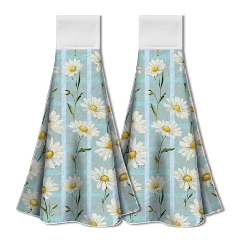 WADORN Küchenhandtuch Zum Aufhängen Mit Gänseblümchenmotiv 2er Set, Handtuch Mit Schlaufe Und Gänseblümchen Motiv Saugfähig Zum Aufhängen Geschirrtuch Waschlappen Für Küche, 31.5x34.5cm von WADORN