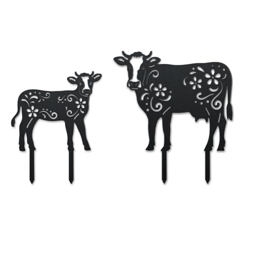 WADORN Kuh Metall Outdoor Statuen Silhouette, Lustige Kuh Metall Dekorative Gartenstecker Kuh Blume Silhouette Ornament Geschenke Lustige Outdoor-Dekoration für Garten Hinterhof Terrasse Rasen Gehwege von WADORN