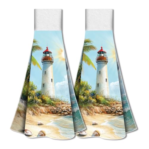 WADORN Leuchtturm Küchen Hängetuch 2er Set, Maschinenhandtuch Mit Leuchtturm Motiv Nautisch Mit Schlaufe Haken Saugfähig Zum Aufhängen Geschirrtuch Für Küche, 31.5x34.5cm von WADORN