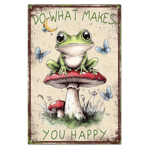 WADORN Lustiges Blechschild Aus Metall Mit Frosch Und Pilzmotiv Retro Metallplakat „Do What Makes You Happy“ Süßes Cartoon Frosch Gemälde Wandkunst Poster Plaketten Für Schlafzimmer 20x30cm von WADORN