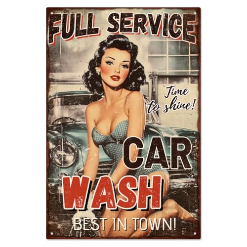 WADORN Metall Blechschild Pinup Lady Im Vintage Stil Für Die Garage Retro Blechschild Auto Waschen Frau Zum Aufhängen Lustiges Garagen Wandschild Dekoration Für Die Garage Männerhöhle 30x20cm von WADORN