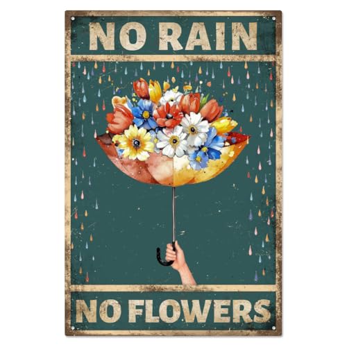 WADORN Metallschild Mit Regenschirm Motiv Vintage Stil Blumenmotiv Retro Metallschild „No Rain No Flowers“ Mit Inspirierendem Blumengemälde Wanddekoration Für Zuhause Für Bars Kneipen 20x30cm von WADORN