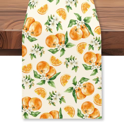 WADORN Orangefarbener Tischläufer Mit Zitrus Wildblumen, 33x183cm Tischläufer Mit Mandarinen Obstmotiv Dekoration Für Küchen Esstisch Sommer Frühling Saisonale Für Urlaub Party Einweihungsgeschenk von WADORN