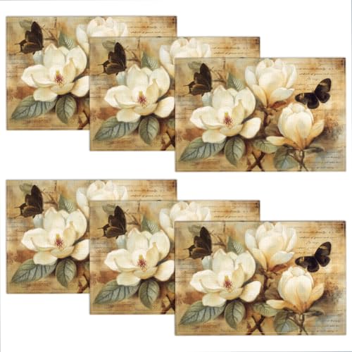 WADORN Platzsets mit Magnolien-Blumen, Vintage-Stil, 45 x 30 cm, Magnolien-Blumendruck, waschbar, Tischsets, Frühling, Sommer, Blumen, Retro, Esstisch, für Zuhause, Küche, Esszimmer, Urlaub, Party, 6 WADORN Platzsets mit Magnolien-Blumen, Vintage-Stil, 45 x 30 cm, Magnolien-Blumendruck, waschbar, Tischsets, Frühling, Sommer, Blumen, Retro, Esstisch, für Zuhause, Küche, Esszimmer, Urlaub, Party, 6 von WADORN