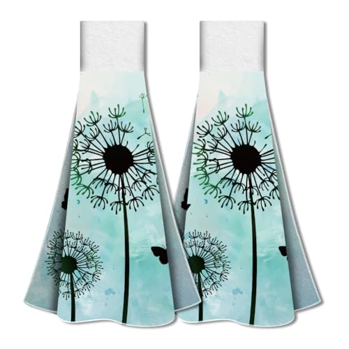 WADORN Pusteblumen Küchenhandtuch Zum Aufhängen 2er Set, Handtuch Mit Löwenzahn Schmetterling Und Schlaufe Saugfähig Zum Aufhängen Geschirrtuch Waschlappen Für Küche 31.5x34.5cm von WADORN