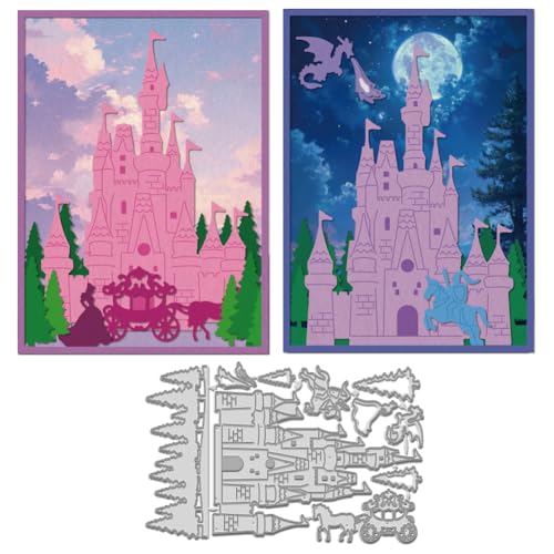 WADORN Ritter Prinzessin Schloss Stanzteile Metall Stanzschablonen Mit Märchen Hintergrund Pferdekutsche Drache Prägeschablone Stanzvorlage Für Heimwerker Scrapbooking Papierbasteln von WADORN