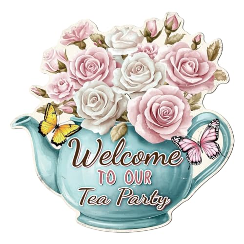 WADORN Tea Party Vintage Metal Tin Sign, 28.6x28cm Bunte Teekanne Tea Party Dekor Floral Home Haustür Willkommensschild Willkommen zu unserer Tea Party Wandkunst Plaque Poster für Home Cafe Garten von WADORN
