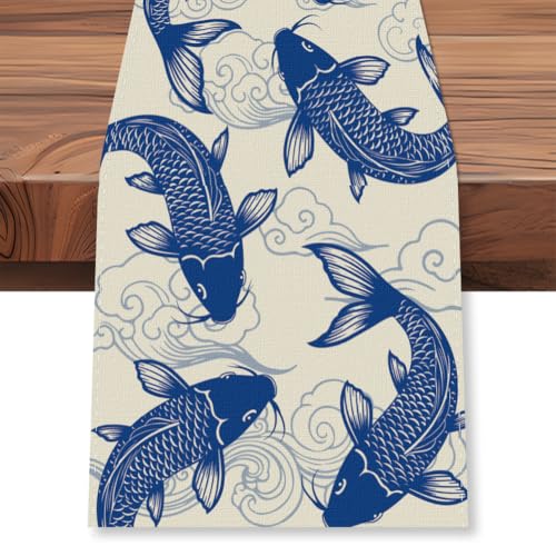 WADORN Tischläufer Im Vintage Mit Fisch, 33x183cm Traditioneller Orientalischer Karpfen Tischläufer Aus Leinen Für Küche Esstisch Rustikaler Bauernhaus Tischläufer Für Zuhause Küche Feiertage Partys von WADORN