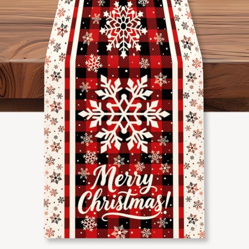 WADORN Tischläufer Mit Buffalo Karomuster Schneeflocken, 183x33cm Winter Weihnachtsdekoration Für Küche Esstisch Saisonaler Winter Tischläufer Für Zuhause Urlaub Weihnachtsparty Frohe Weihnachten von WADORN