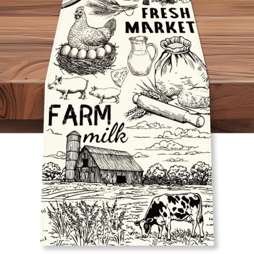 WADORN Tischläufer Mit Traktor Milchfarm Motiv, 183cm Lang Tischläufer Mit Kuhhaus Motiv Bauernhaus Tiermotiv Waschbar Für Küche Esstisch Dekoration Für Zuhause Party Dekor von WADORN