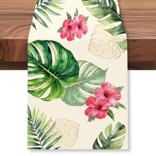 WADORN Tischläufer Mit Tropischen Palmblättern Monstera Motiven, 33x183cm Tropische Grüne Pflanze Tischdekoration Für Küche Esstisch Sommer Frühling Saisonale Tischläufer Für Zuhause Feiertage Partys von WADORN