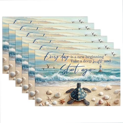 WADORN Tischsets Mit Meeresschildkröte 6er Set, 45x30cm Strandschildkröte Jeder Tag ist EIN Neuer Anfang Tischset Aus Stoff rutschfeste Platzset Aus Leinen Waschbar Hitzebeständig Platzset Für Küchen von WADORN