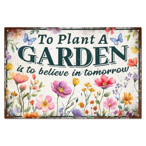 WADORN Vintage Metall Blechschild Gartenarbeit Wildblumen, 20x30cm Lustiges Blechschild 'To Plant A Garden Is To Believe Tomorrow' Retro Geschenk Gärtner Wandkunst Dekor Für Außenbereich Frühling von WADORN