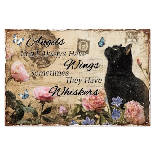 WADORN Vintage Metall Blechschild Mit Schwarzer Katzenliebhaber, 20x30cm Retro Blechschild Für Bar Club Zuhause „Engel Haben Nicht Immer Flügel Manchmal Haben Sie Schnurrhaare“ Wandkunst Poster von WADORN