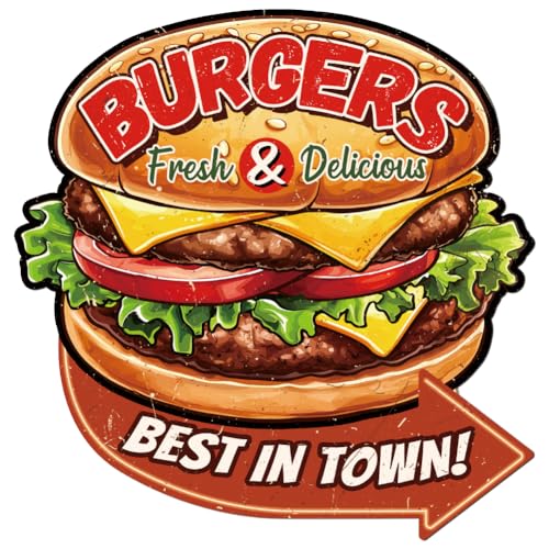 WADORN Vintage Metallblechschilder Mit Burger, Burger Retro Schild Wandkunst Dekor Cooles Zeug Dekoratives Poster Für Zuhause Küche Restaurant Kaffee Bar Kneipe Wand 28.5 x 28cm von WADORN