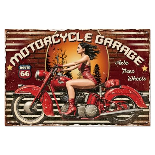 WADORN Vintage Pin Up Lady Motorrad Metall Blechschild, 20x30cm Lustiges Retro Blechschild Für Garage Männerhöhle Kneipe Motorrad Garage Lady Wandkunst Poster Plakette Für Zuhause Bar Männerhöhle von WADORN