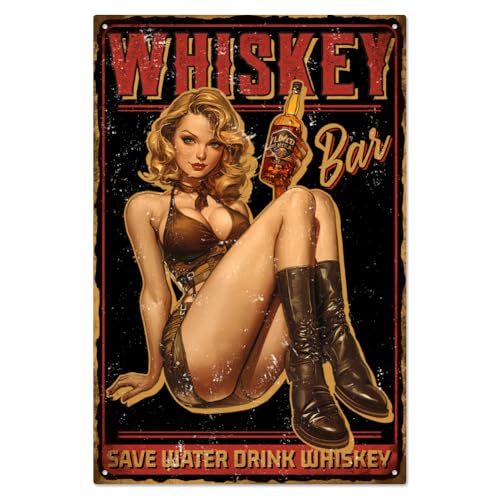 WADORN Vintage Pin Up Lady Whisky Metall Blechschild 20x30cm Lustiges Retro Blechschild „Whiskey Bar Wasser Sparen Whiskey Trinken“ Wandkunst Poster Plakette Dekor Für Zuhause Bar Club von WADORN