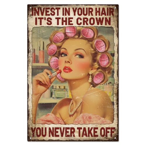 WADORN Vintage Salon Friseur Pin Up Lady Metall Blechschild, 20x30cm Lustiges Retro Blechschild 'Friseur/Frau Investieren Sie In Ihr Haar' Für Wand Kunst Poster Plakette Dekor Für Zuhause von WADORN