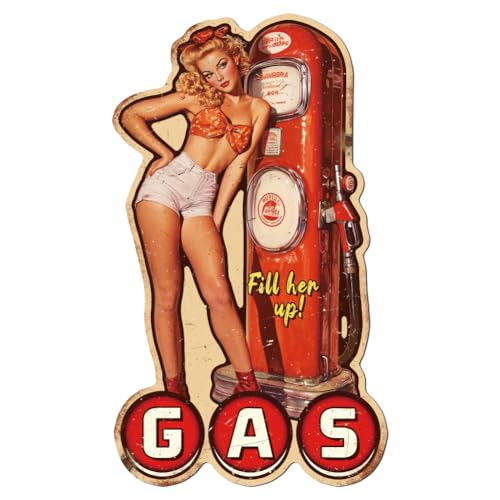 WADORN Vintage Tankstelle Pin Up Frauen Metall Blechschild, 38x22.2cm Lustiges Retro Blechschild Für Garage Bar Club Full Hen Up Garage Sexy Frau Wandkunst Poster Plakette Für Zuhause Männerhöhle von WADORN