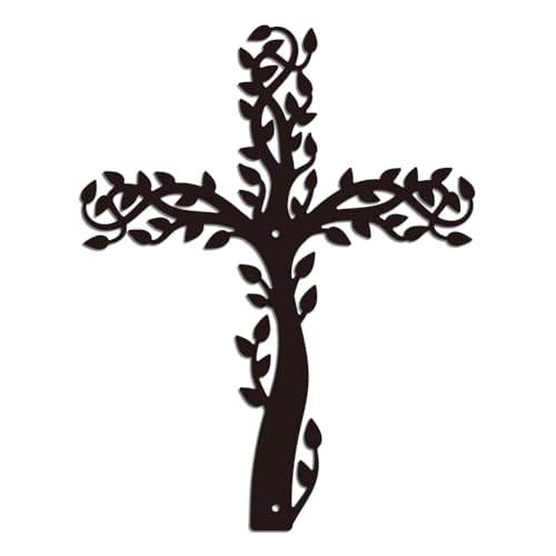 WADORN Wanddekoration Mit Metallkreuz Baum Lebensbaum, Rustikale Silhouette Skulptur Wandkunst Schwarzes Kreuz Metall Aufhängen Heimdekoration Für Zuhause Wohnzimmer Schlafzimmer Toilette, 28x36cm von WADORN