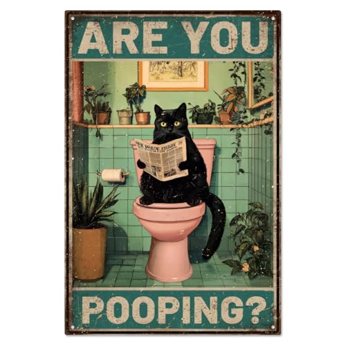 WADORN Witziges Katzen Blechschild Metall Poster „Are You Pooping“ – Vintage Poster Mit Schwarzer Katze Malerei Für Toiletten Und Badezimmer Wandkunst Poster Plaketten Für Katzenliebhaber 20x30cm von WADORN