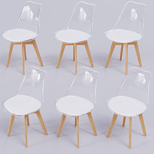 WAFTING 6er Set Esszimmerstühle mit transparenter Rückenlehne, weißem Kissen und Buchenholzbeinen für Esszimmer, Schlafzimmer, Wohnzimmer und Konferenzraum von WAFTING