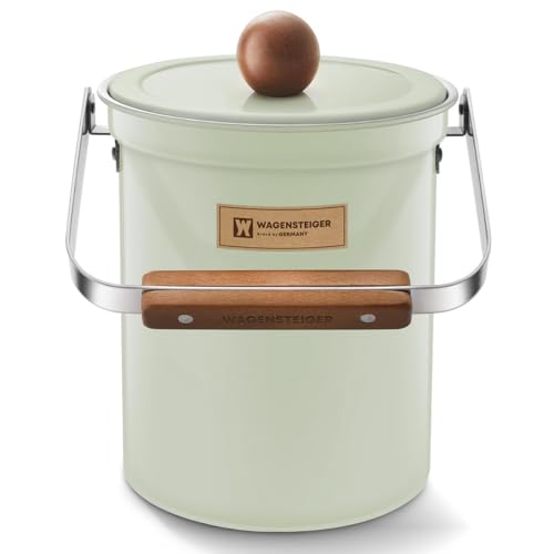 WAGENSTEIGER Küchen-Komposteimer mit luftdichtem Deckel, SUS304 Edelstahl, geruchsfreier Lebensmittelabfalleimer mit Holzgriff, stilvolles Design, Bade-Mülleimer, Minzgrün von WAGENSTEIGER