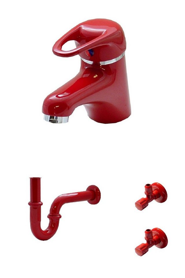 WAGNER® Waschtischarmatur Waschtisch Bad Wasserhahn Armatur Siphon 2 Eckventile Rot von WAGNER®