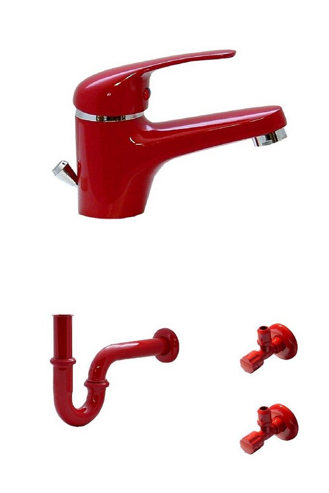 WAGNER® Waschtischarmatur Waschtisch Bad Wasserhahn Armatur Siphon 2 Eckventile Rot von WAGNER®