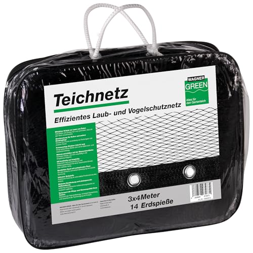 Abdecknetz (3x4m) schwarz mit Erdspießen | feinmaschig (10x10mm) mit stabilem Rand | Teichabdeckung für einen laubfreien Teich | Vogelschutznetz für Gartenteich von WAGNER GREEN Alles für den Gartenteich
