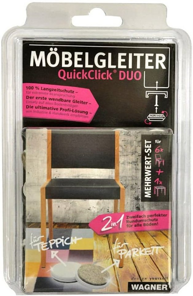 WAGNER design yourself Klick-Gleiter QuickClick® Möbelgleiter - DINING SET - 1 Tisch & 6 Stühle, 28 x Basis + wendbarer Einsatz - DUO Wollfilz ULTRASOFT + Kunststoff HYPER - Durchmesser Ø 20 mm und Ø 25 mm - Made in DE von WAGNER design yourself