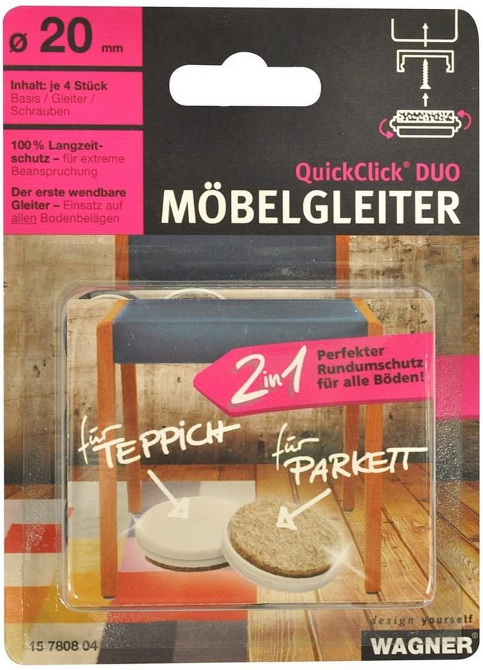 WAGNER design yourself Klick-Gleiter QuickClick® Möbelgleiter Set - DUO - wendbar Wollfilz + Kunststoff I 4x Basis + 4x wendbarer und austauschbarer Einsatz - ULTRASOFT + HYPER - Durchmesser Ø 20, 25, 30 mm - Made in DE von WAGNER design yourself
