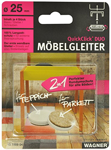 Wagner QuickClick® Filzgleiter & Kunststoffgleiter wendbar 2 Seiten Wollfilz & Kunststoff 4er-Set zum Anschrauben - 4X Basis+Schraube+Gleiteinsatz - Duo - Durchmesser Ø 25 mm - Made in DE - 15780904 von QuickClick