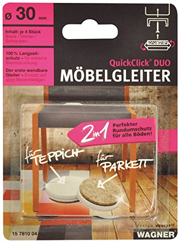 Wagner QuickClick® Filzgleiter & Kunststoffgleiter wendbar 2 Seiten Wollfilz & Kunststoff 4er-Set zum Anschrauben - 4X Basis+Schraube+Gleiteinsatz - Duo - Durchmesser Ø 30 mm - Made in DE - 15781004 von QuickClick