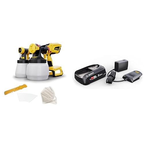 WAGNER Akku-Farbsprühsystem W 600 FLEXiO 18V für Dispersions-/Latexfarben, Lacke & Lasuren, Behälter 1300 ml + 800 ml und Starter-Kit 18V: Bosch 18V Lithium-Ionen Akku 2,5 Ah und Ladegerät von Wagner