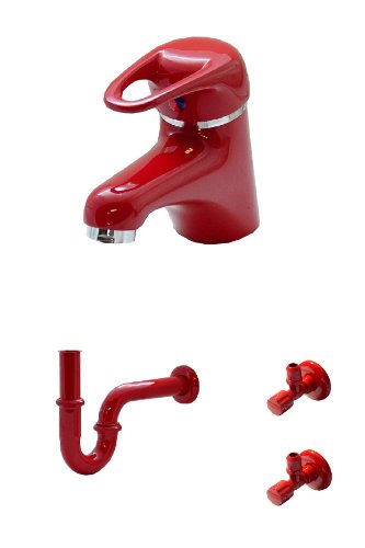 Waschtischarmatur, Siphon und 2 Eckventile in Rot von WAGNER