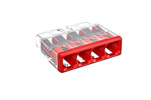 WAGO Kompakt-Spleißverbinder, für Voll- und Litzenleiter, max. 4 mm², 4-Leiter, rote Abdeckung, Umgebungslufttemperatur, max 85°C (T85), 4,00 mm², transparent, 2773-404 (80 Stück) von WAGO