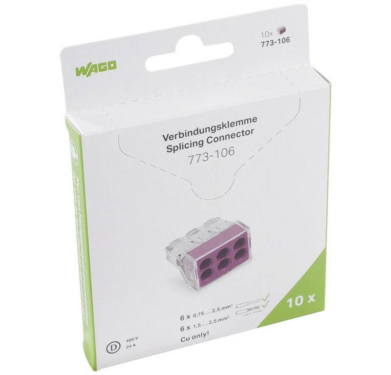WAGO Verbindungsklemme Dosenklemme starr: 0.75-2.5 mm² Polzahl: 6 WAGO 10 St. Transparent, O von WAGO