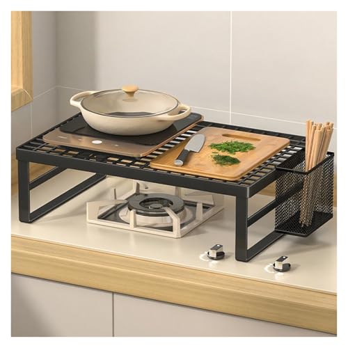 kochfeld abdeckung Freistehendes Küchenarbeitsplattenregal, Haushalts-Induktionskochfeldständer aus Metall mit Besteckhalter, offene Gasherd-Abdeckplatte(Black,19.7x10.6x3.7in/50x27x10cm) von WAHHWF